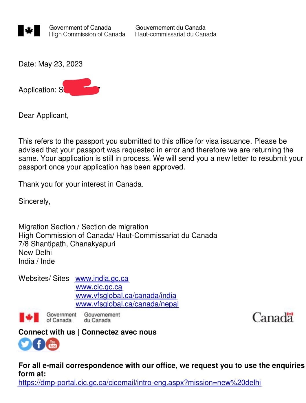 Email from IRCC regarding passport request made in error