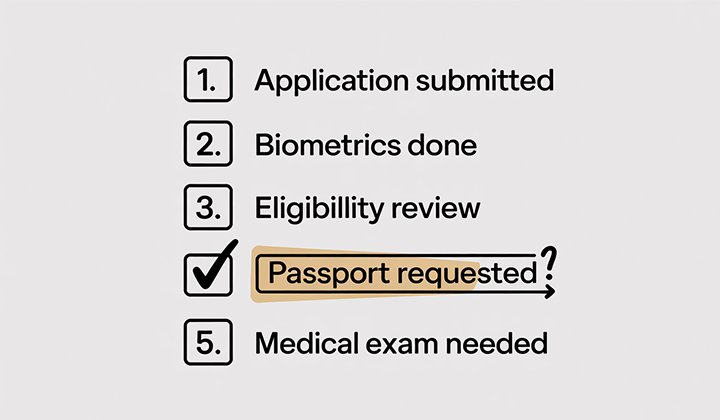 Graphic illustrating the unusual IRCC visa processing order where a passport request is received before a medical examination request, compared to the typical sequence