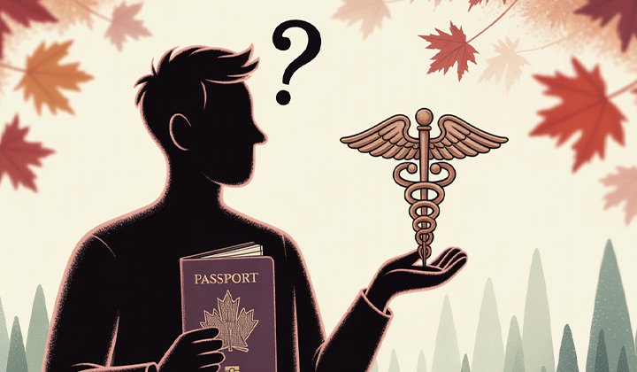 Illustration of a confused visa applicant holding a passport and looking at a medical symbol, representing the unexpected IRCC request for a passport before medicals.